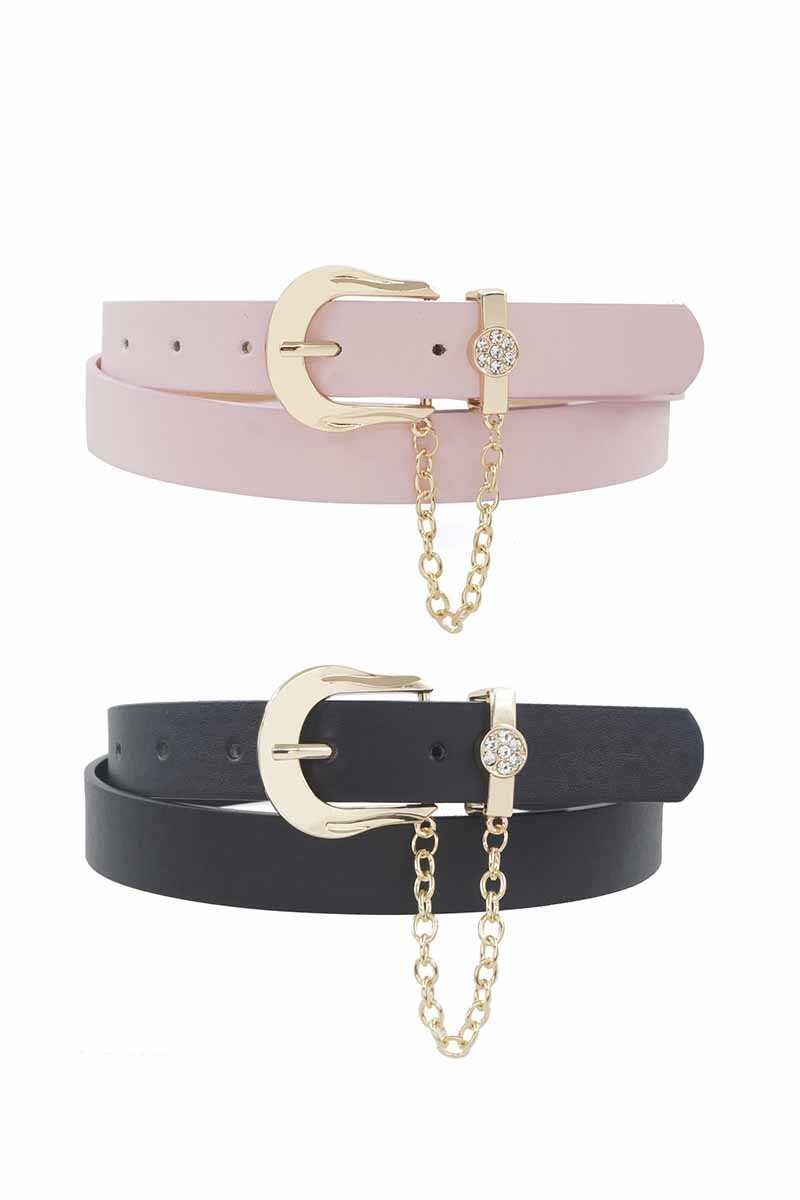 Rhinestone Circle Pave Chain Looped Duo Buckle Belt - Absolute Fashion 2020