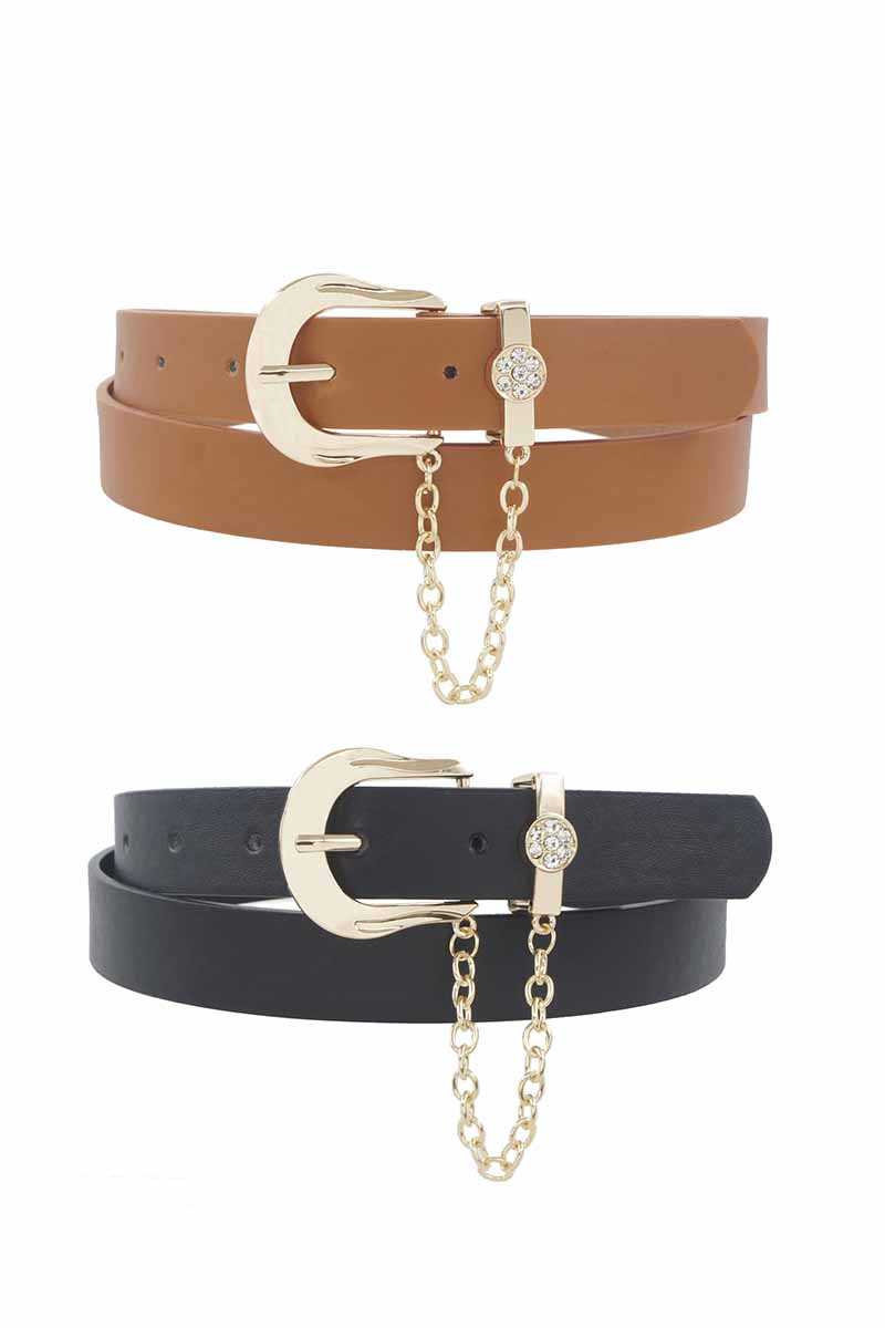 Rhinestone Circle Pave Chain Looped Duo Buckle Belt - Absolute Fashion 2020