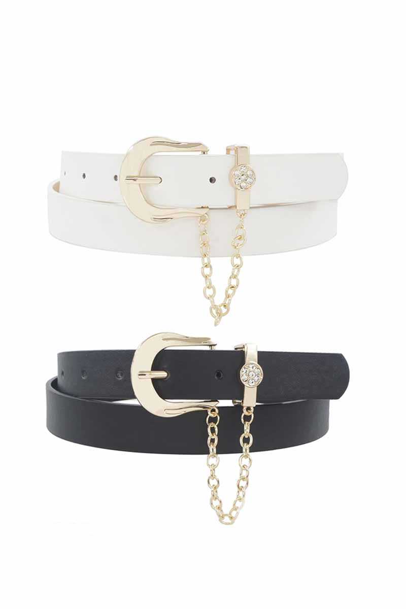 Rhinestone Circle Pave Chain Looped Duo Buckle Belt - Absolute Fashion 2020