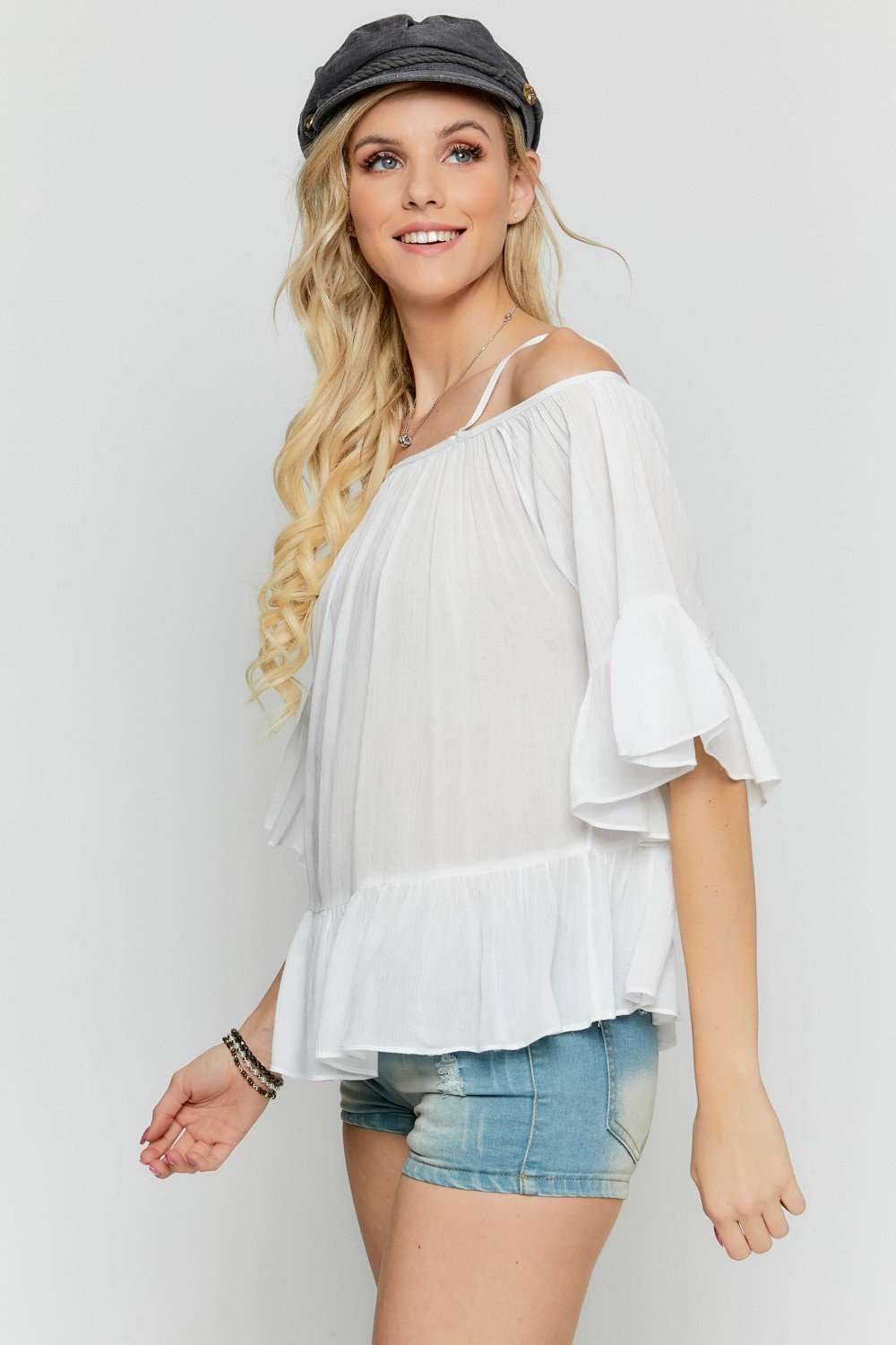 Ruffled Cold Shoulder Sheer Blouse Top - Absolute Fashion 2020