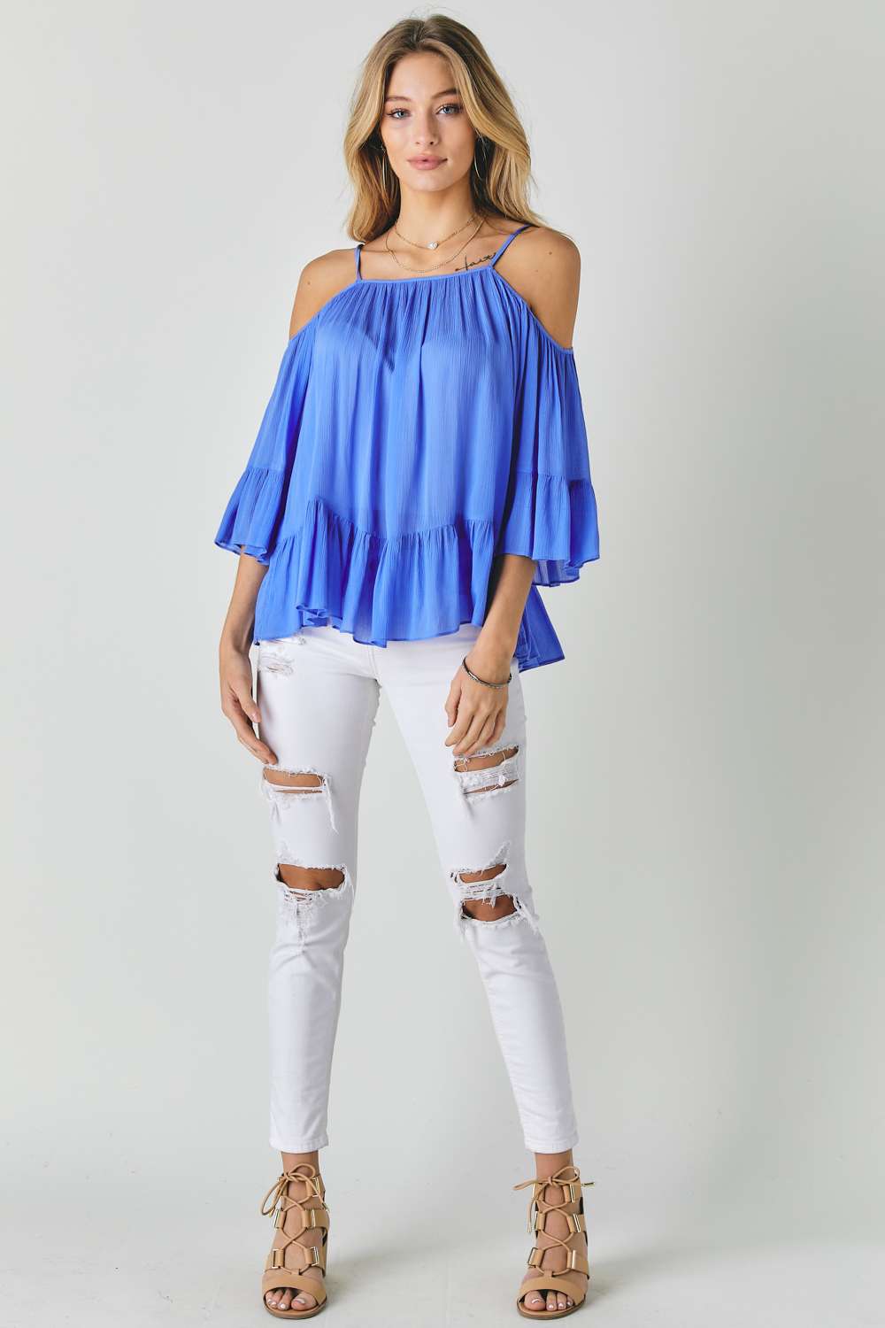 Ruffled Cold Shoulder Sheer Blouse Top - Absolute Fashion 2020
