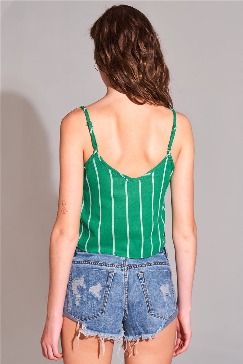 Green & White Striped Sleeveless V-neck Button-down Front Crop Top - Absolute Fashion 2020