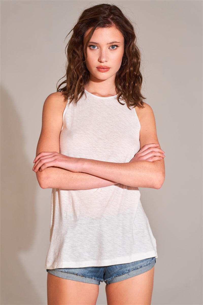 Sleeveless Crew Neck Cut-out Back Detail Longline Top - Absolute Fashion 2020