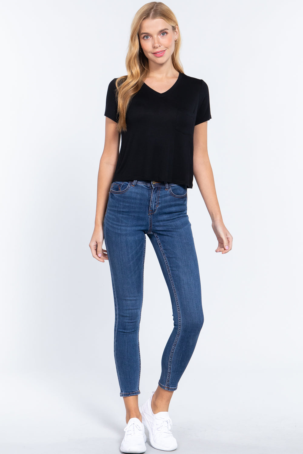 Short Slv V-neck W/pocket Crop Top - Absolute Fashion 2020