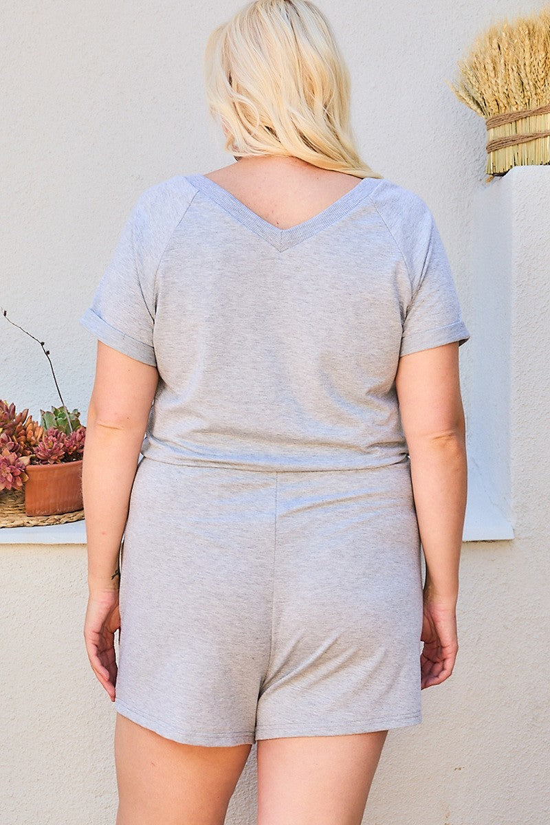 V Neck Short Raglan Sleeve Waist Elastic Band Side Pocket Solid French Terry Romper - Absolute Fashion 2020