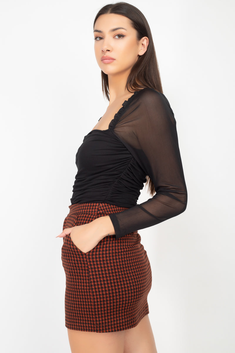 Square Neck Ruching Mesh Bodysuit - Absolute Fashion 2020