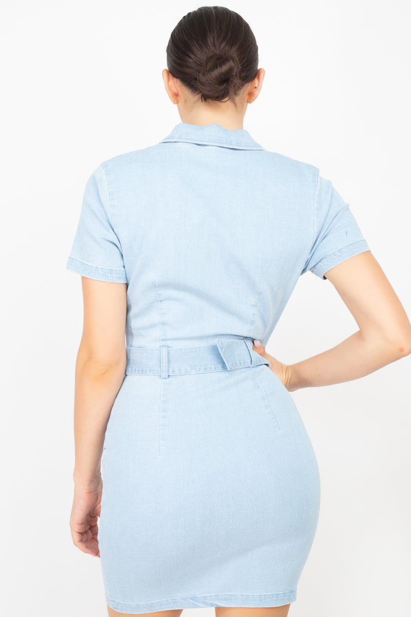 Belted Bodycon Collared Denim Dress - Absolute Fashion 2020