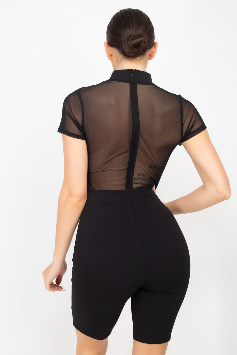 Stripe Mesh Mock Neck Biker Romper - Absolute Fashion 2020