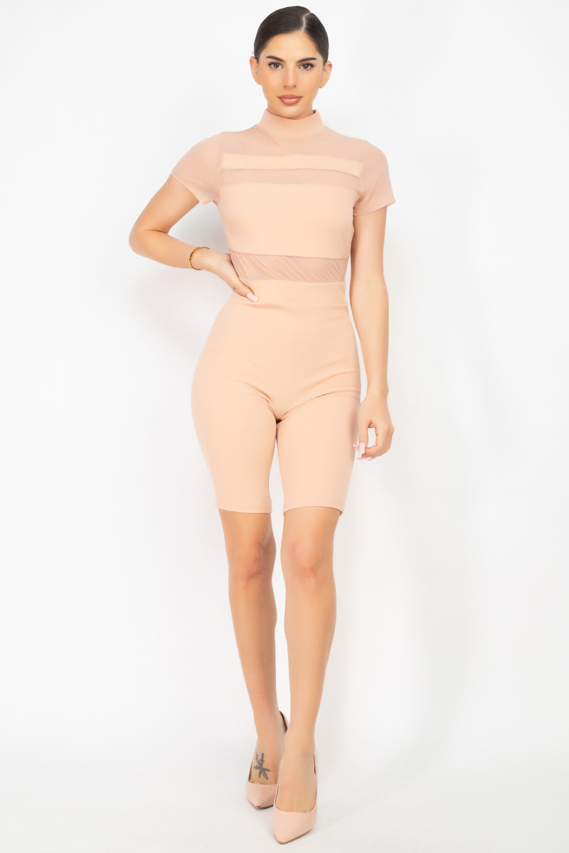 Stripe Mesh Mock Neck Biker Romper - Absolute Fashion 2020