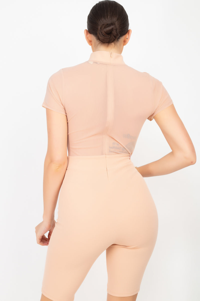 Stripe Mesh Mock Neck Biker Romper - Absolute Fashion 2020