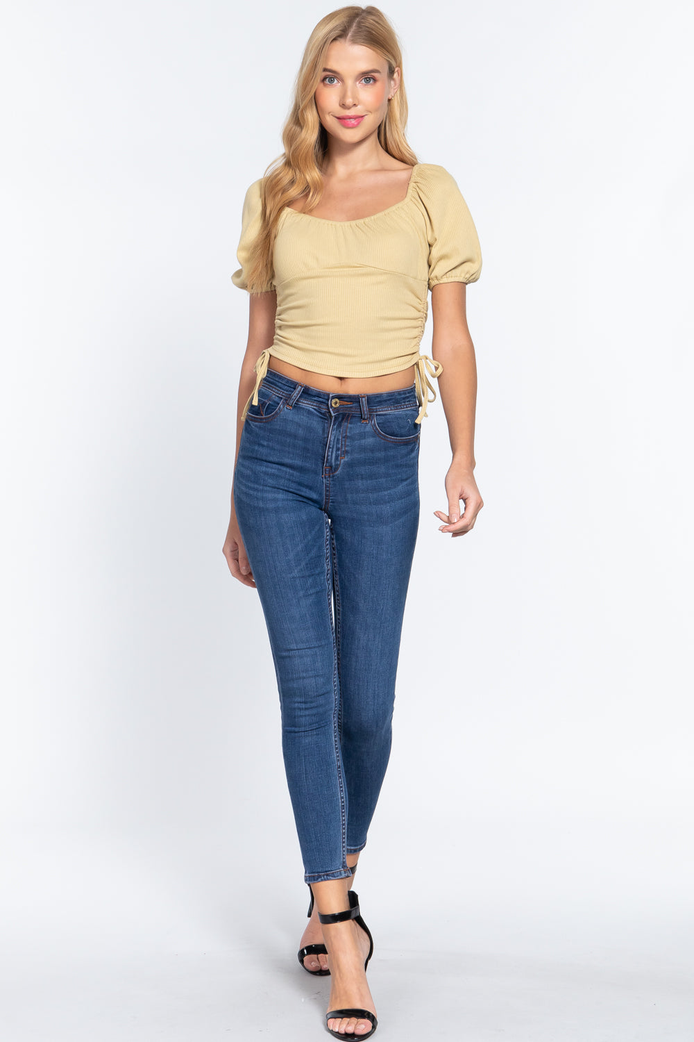Puff Slv Side Shirring Rib Knit Top - Absolute Fashion 2020