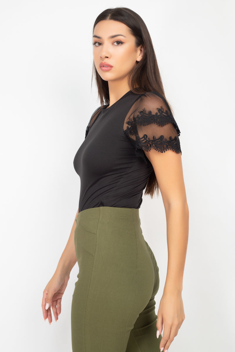 Round Neck Lace Puff Sleeves Top - Absolute Fashion 2020