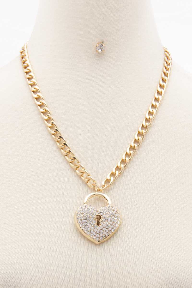 Rhinestone Heart Lock Curb Link Necklace - Absolute Fashion 2020