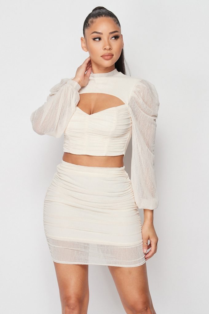 Sexy Sheer Cutout Puff Sleeved Top And Skirt Set - Absolute Fashion 2020