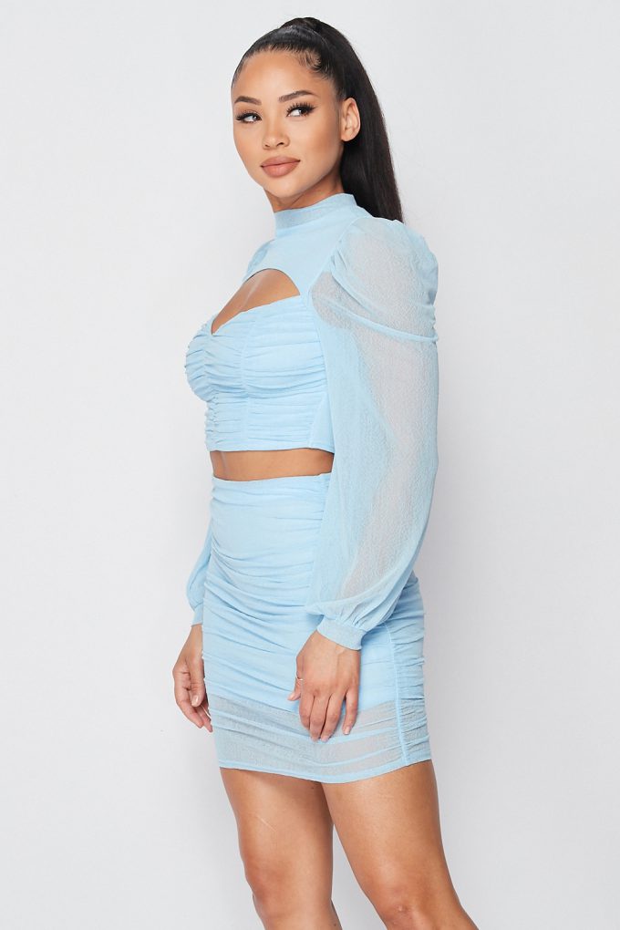 Sexy Sheer Cutout Puff Sleeved Top And Skirt Set - Absolute Fashion 2020