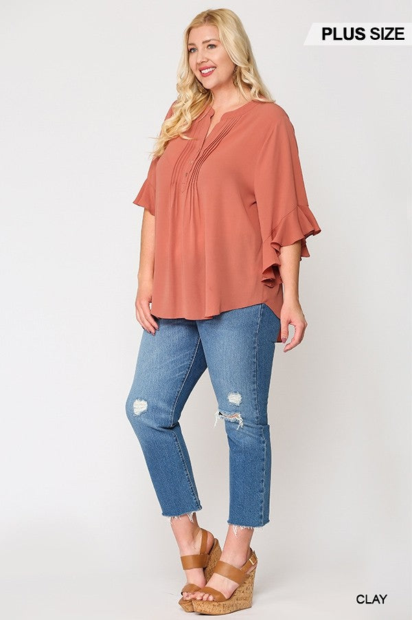 Bubble Crepe Ruffled Sleeves Pintuck Detail Top - Absolute Fashion 2020
