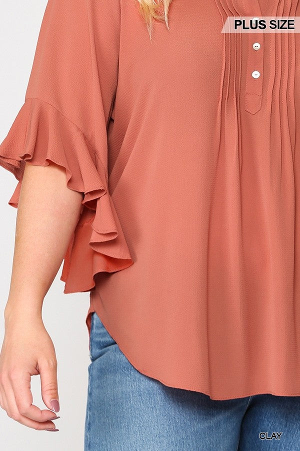 Bubble Crepe Ruffled Sleeves Pintuck Detail Top - Absolute Fashion 2020