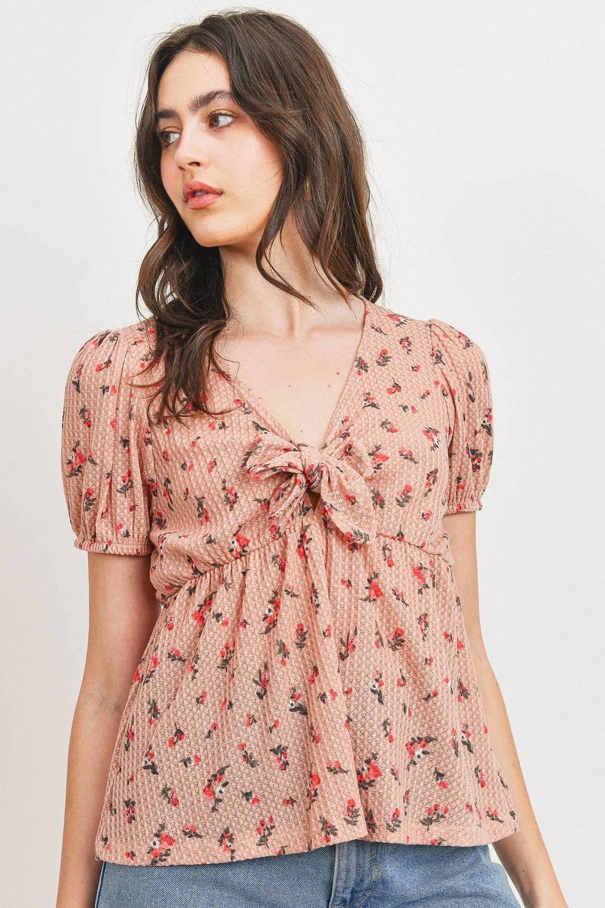 Front Tie Floral Waffle Top - Absolute Fashion 2020