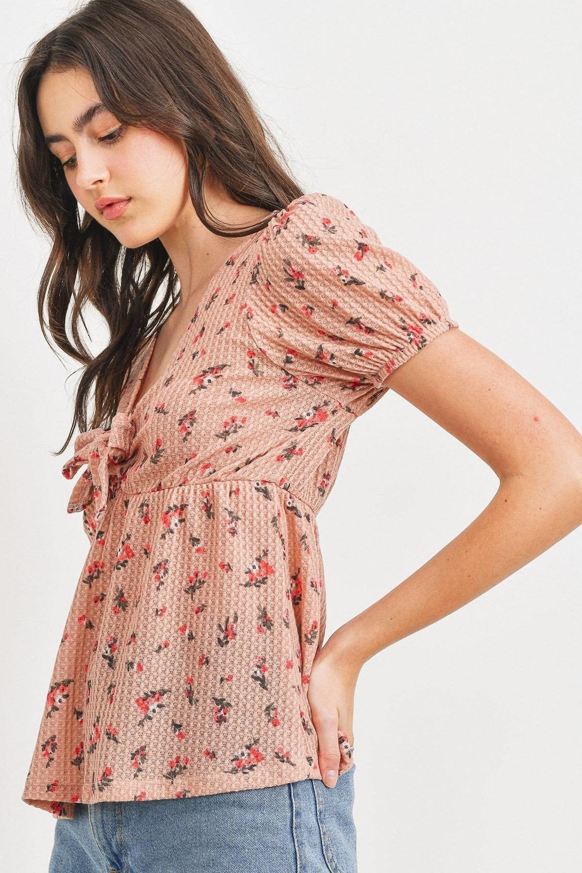 Front Tie Floral Waffle Top - Absolute Fashion 2020