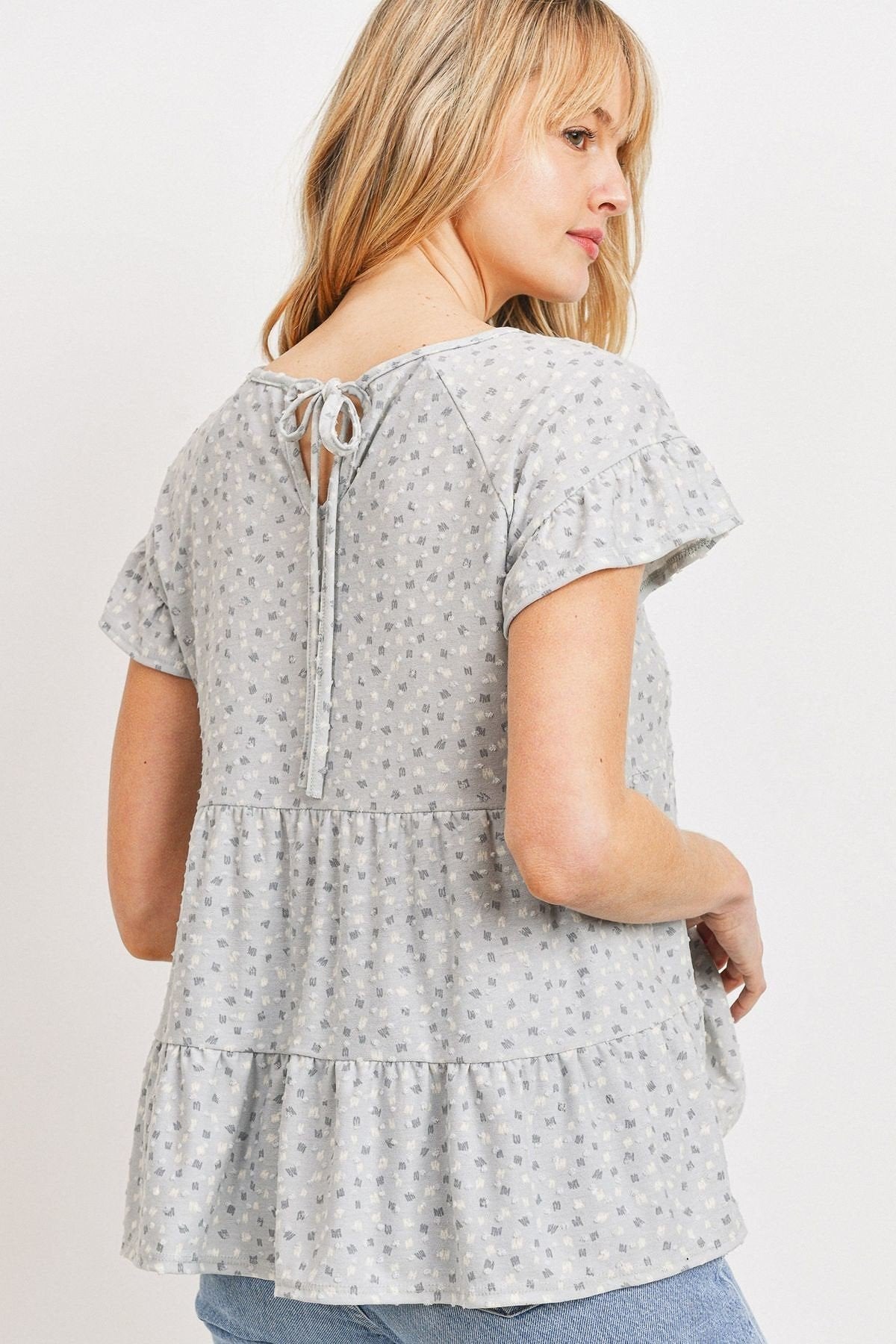 Dot Textured Print Jersey Ruffled Short Sleeve Top - Absolute Fashion 2020