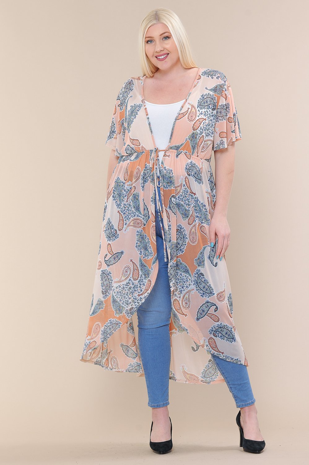 Short Sleeves Long-line Printed Mesh Open Cardigan - Absolute Fashion 2020