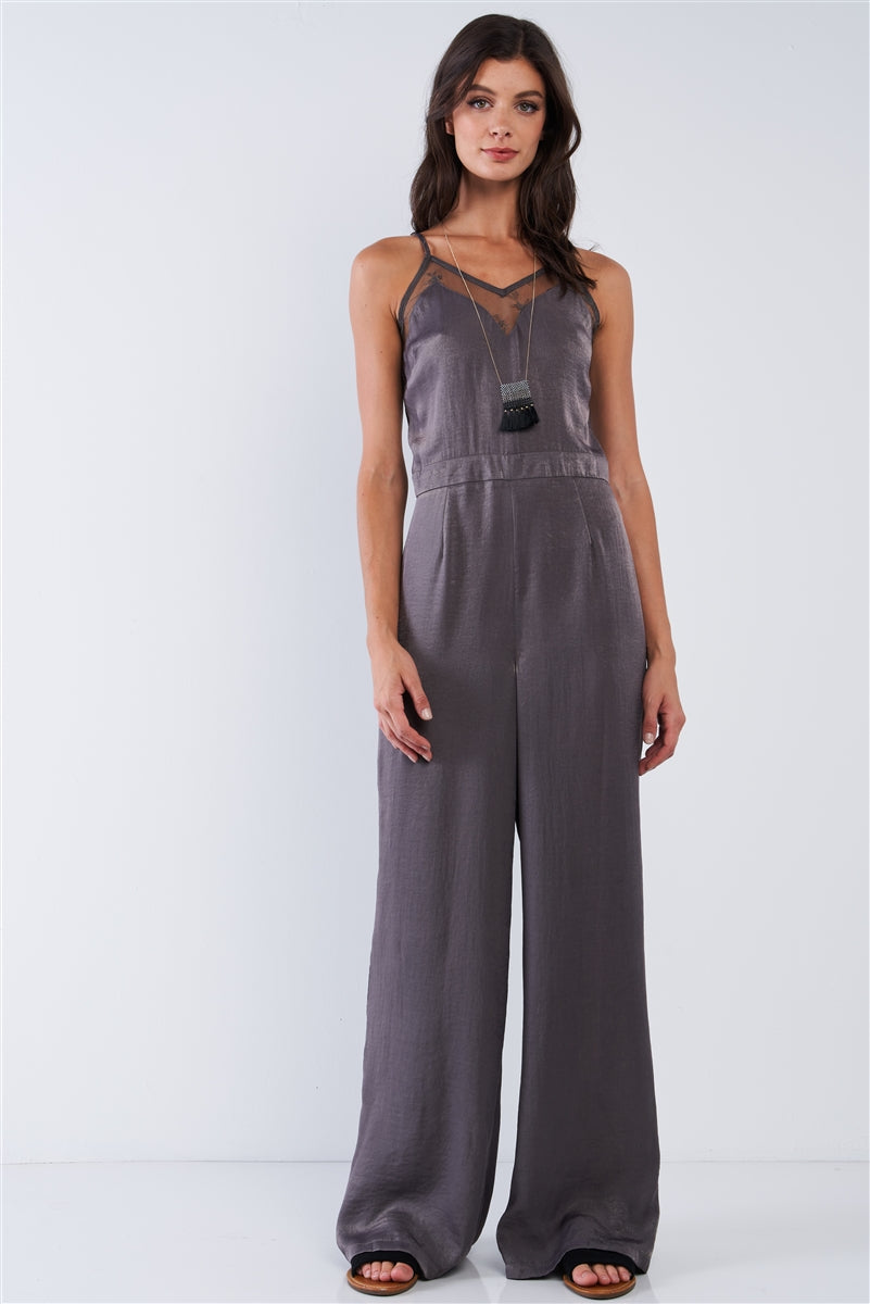 Dark Olive Chic Satin Sleeveless Mesh Hem V-neck Wide Leg Jumpsuit - Absolute Fashion 2020