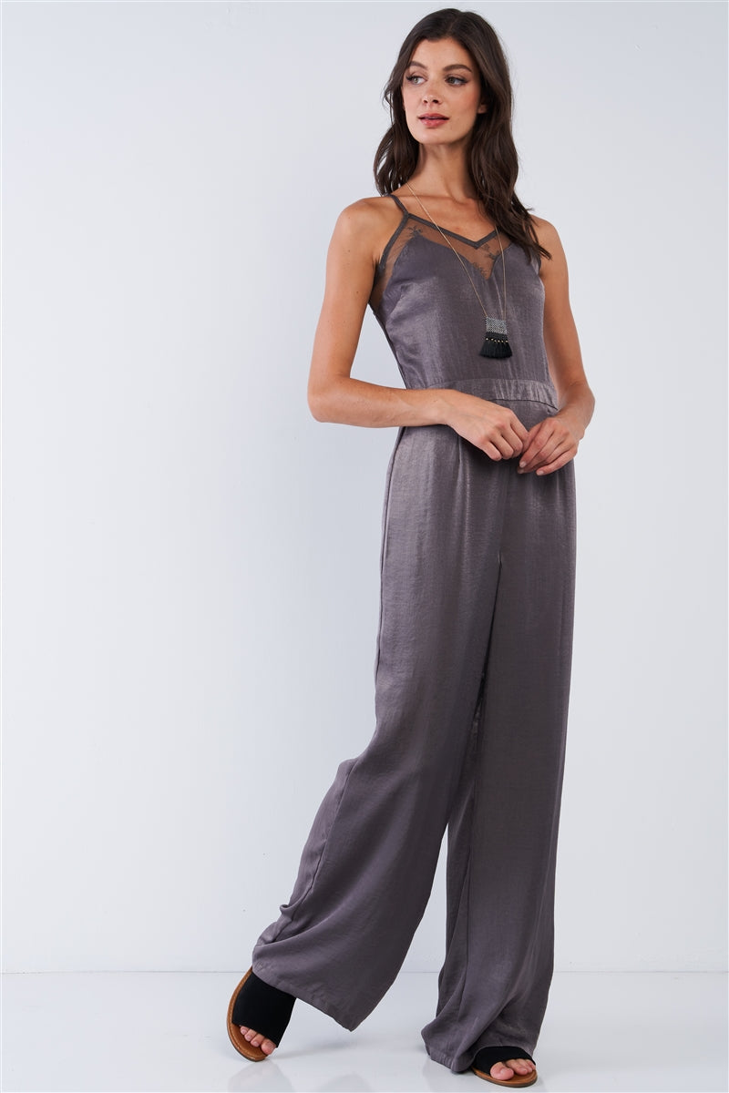 Dark Olive Chic Satin Sleeveless Mesh Hem V-neck Wide Leg Jumpsuit - Absolute Fashion 2020