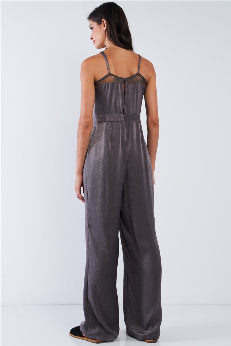 Dark Olive Chic Satin Sleeveless Mesh Hem V-neck Wide Leg Jumpsuit - Absolute Fashion 2020