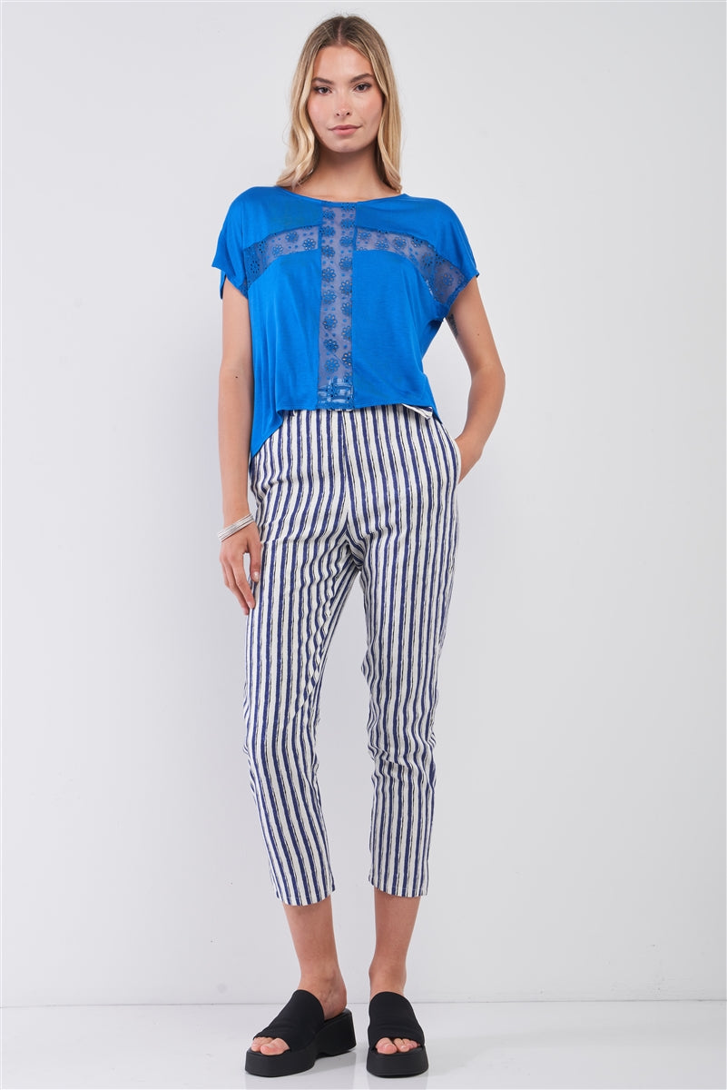 Royal Blue Boat Neck Short Sleeve See-trough Cross Cut-in Detail With Floral Embroidery Top - Absolute Fashion 2020