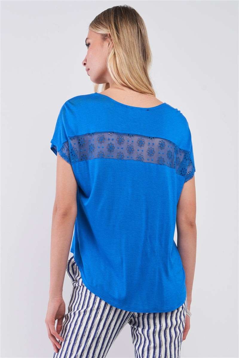 Royal Blue Boat Neck Short Sleeve See-trough Cross Cut-in Detail With Floral Embroidery Top - Absolute Fashion 2020