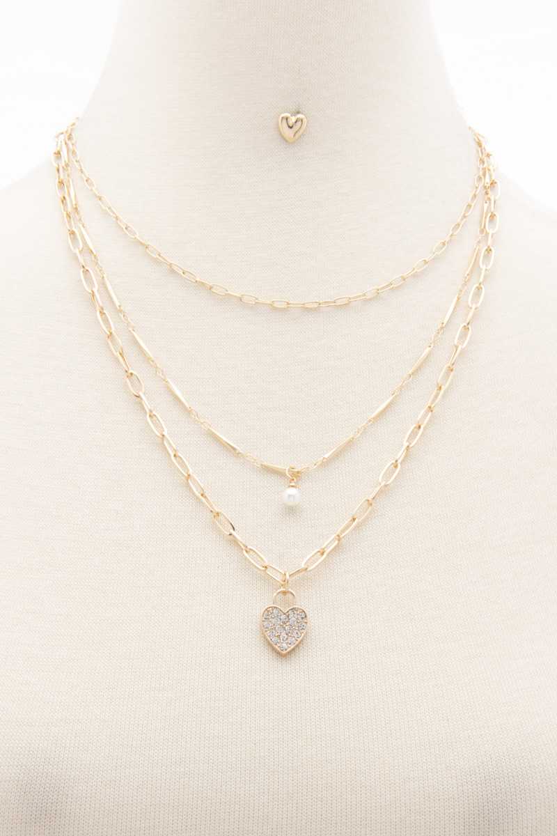 Rhinestone Heart Charm Layered Necklace - Absolute Fashion 2020