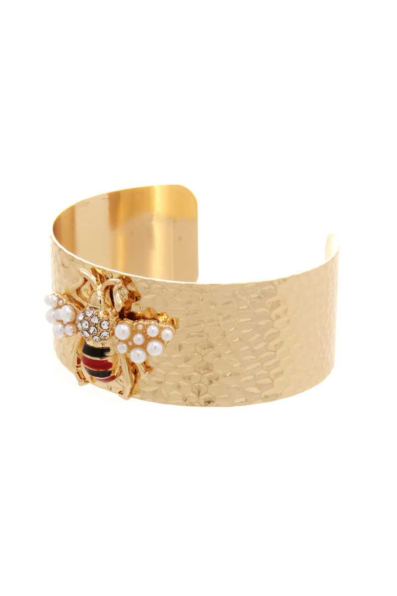 Hammered Metal With Pearl Bee Open Cuff Bracelet - Absolute Fashion 2020