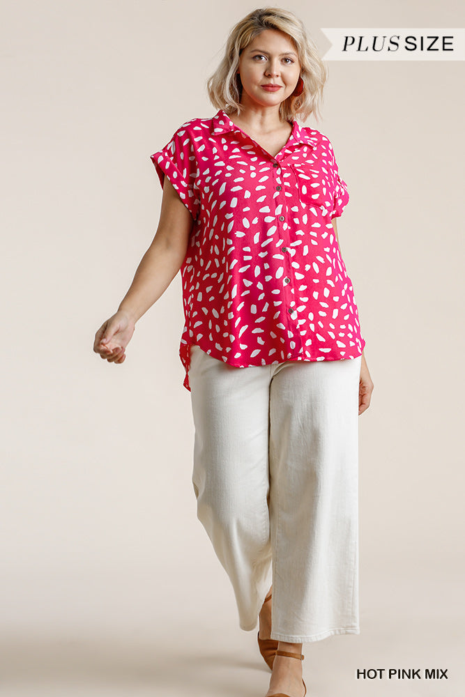 V-neck Dalmatian Print Button Front Top With Pocket Detail - Absolute Fashion 2020