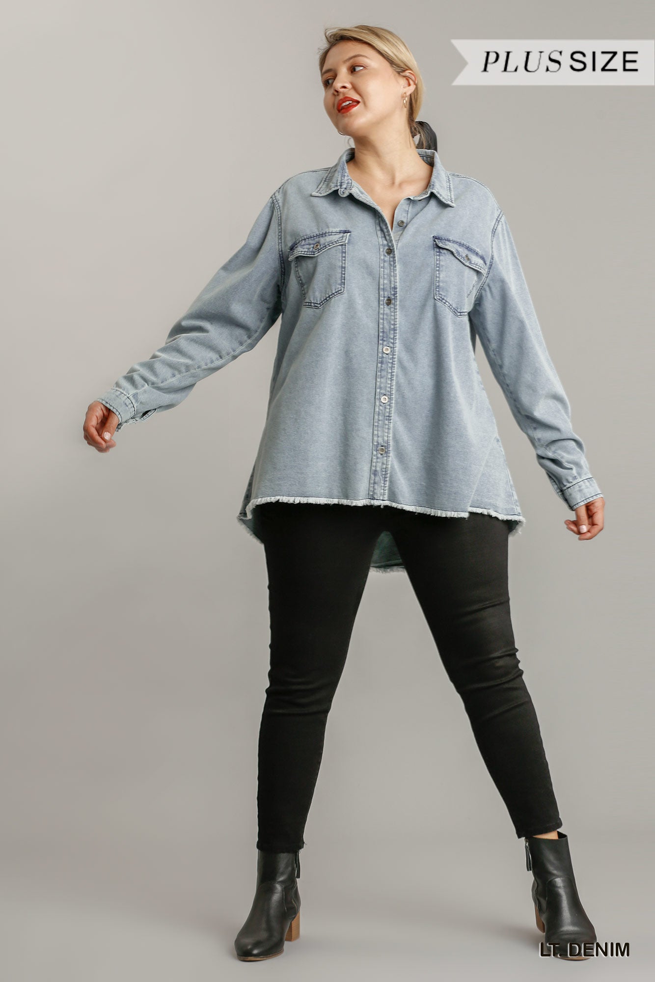 Chest Pockets Collar Button Down Denim Jacket With Unfinished High Low Hem - Absolute Fashion 2020