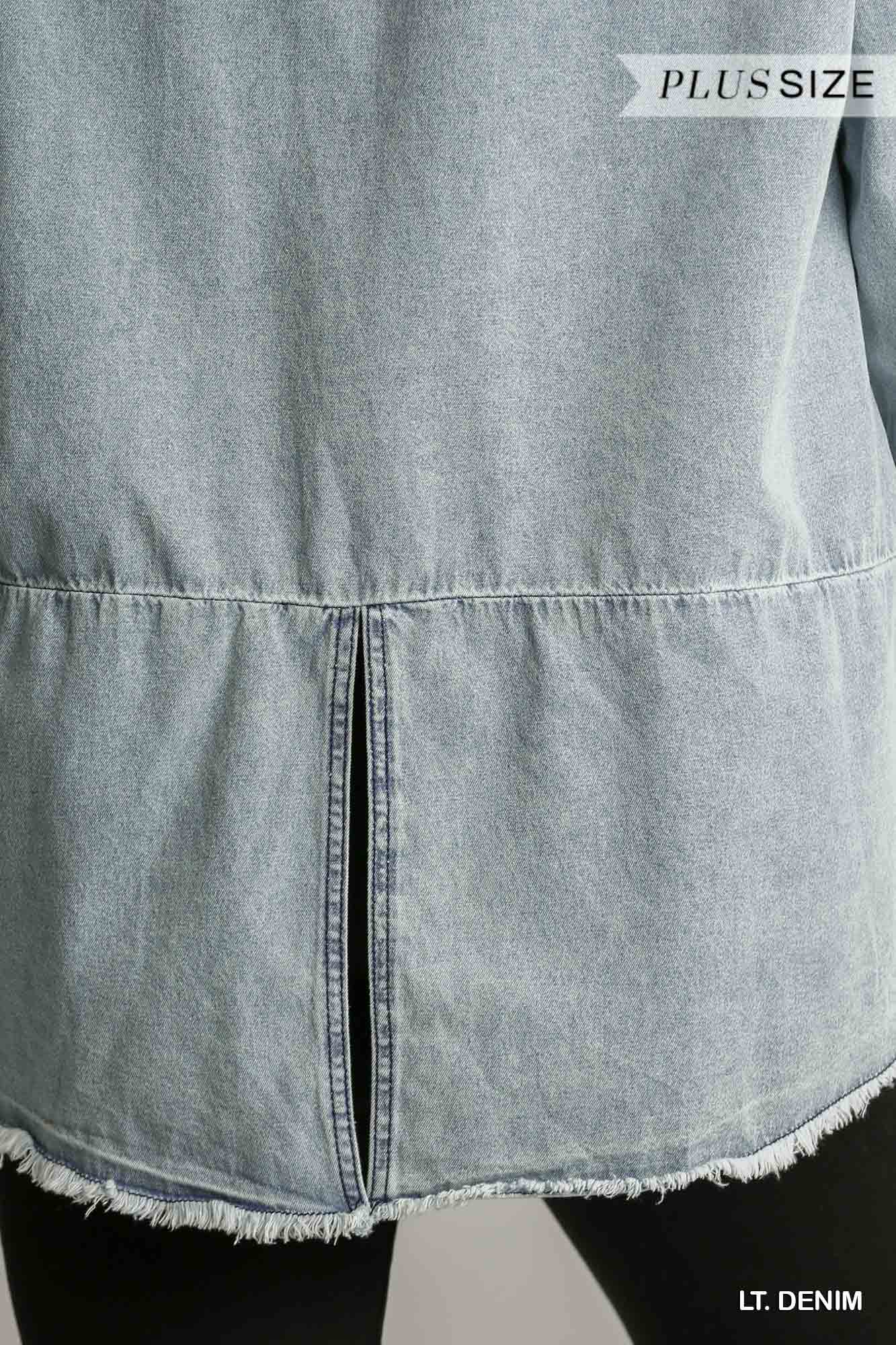 Chest Pockets Collar Button Down Denim Jacket With Unfinished High Low Hem - Absolute Fashion 2020