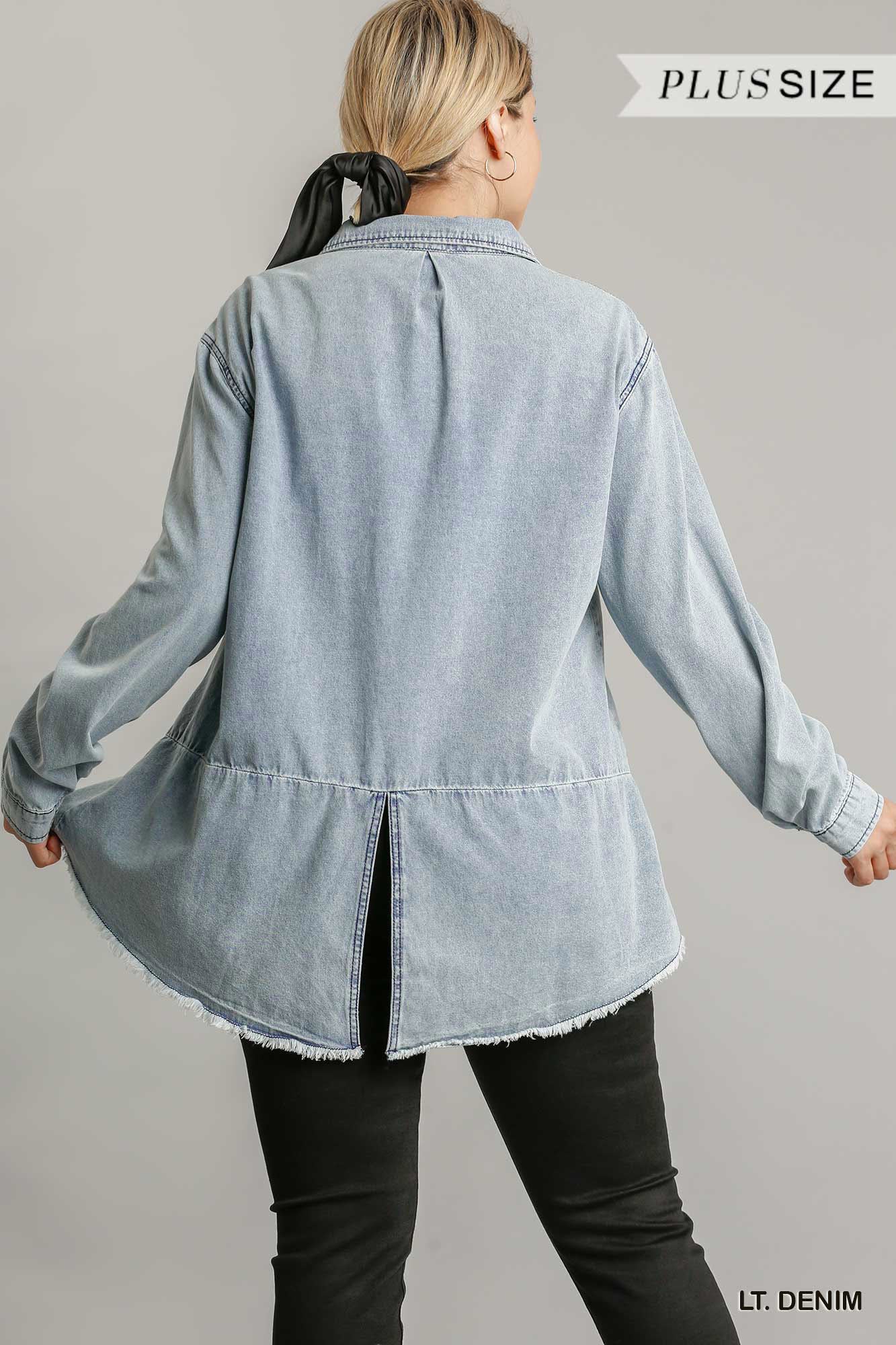 Chest Pockets Collar Button Down Denim Jacket With Unfinished High Low Hem - Absolute Fashion 2020
