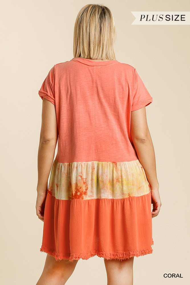 Tie Dye V-neck Short Folded Sleeve Raw Edged Detail Dress With Fringed Hem - Absolute Fashion 2020
