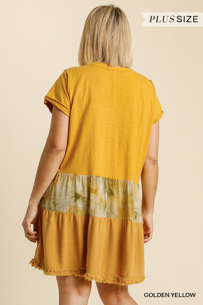 Tie Dye V-neck Short Folded Sleeve Raw Edged Detail Dress With Fringed Hem - Absolute Fashion 2020