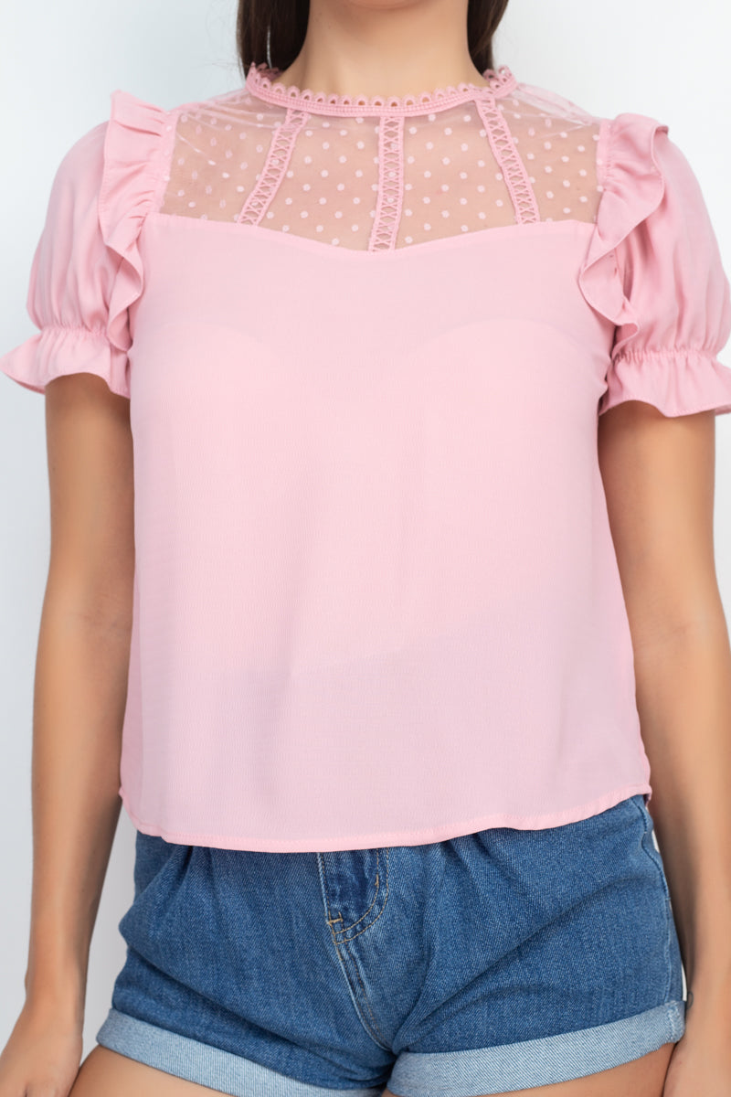 Dot Mesh Ruffled Sleeve Blouse - Absolute Fashion 2020