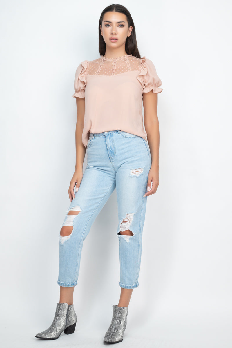 Dot Mesh Ruffled Sleeve Blouse - Absolute Fashion 2020