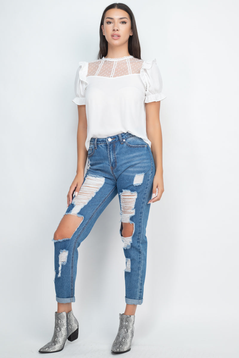 Dot Mesh Ruffled Sleeve Blouse - Absolute Fashion 2020