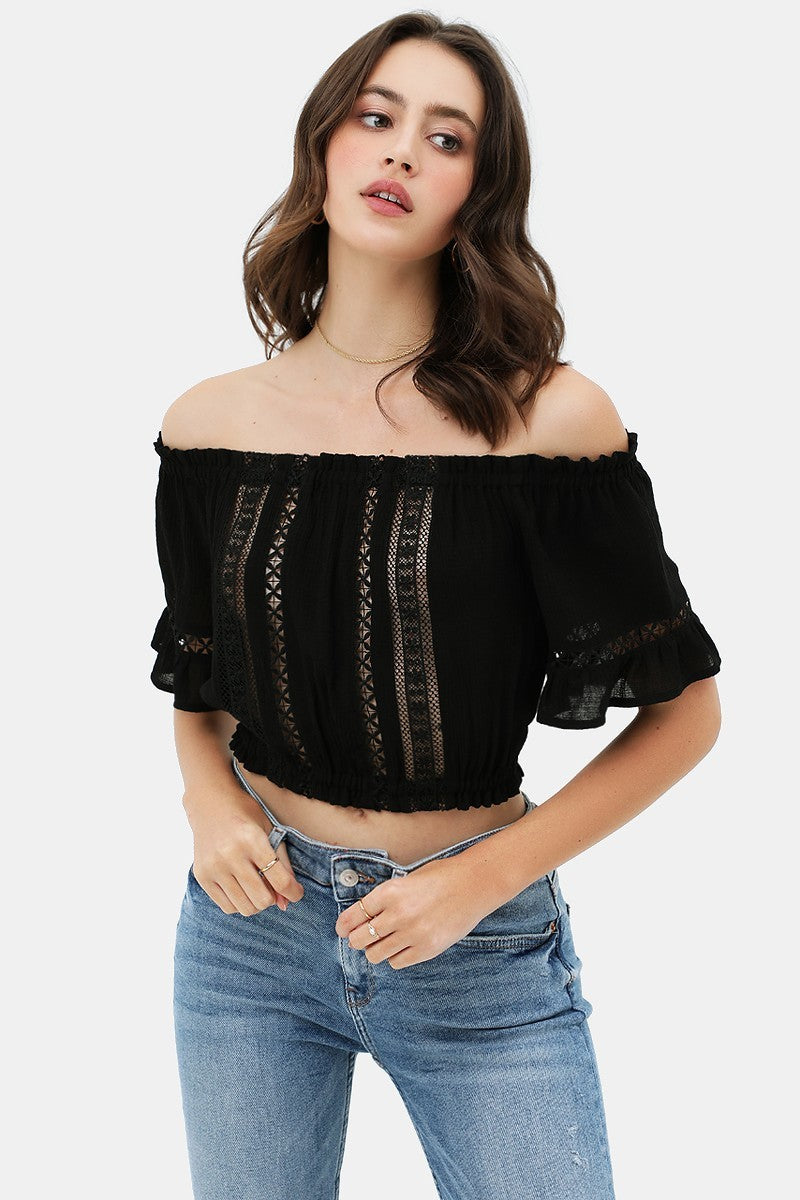 Lace Trim On The Front And Sleeves, Waist Band Cropped Top - Absolute Fashion 2020