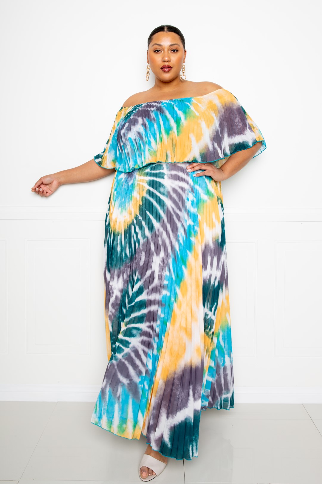 Tie Dye Off Shoulder Pleated Maxi Dress - Absolute Fashion 2020