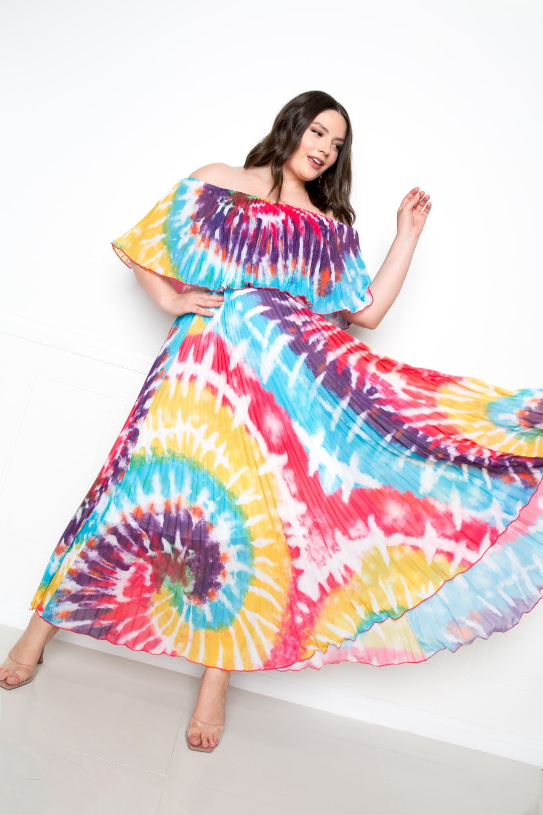 Tie Dye Off Shoulder Pleated Maxi Dress - Absolute Fashion 2020