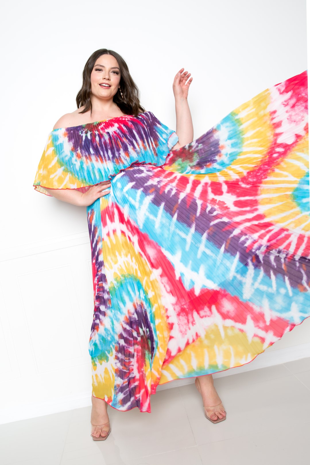Tie Dye Off Shoulder Pleated Maxi Dress - Absolute Fashion 2020