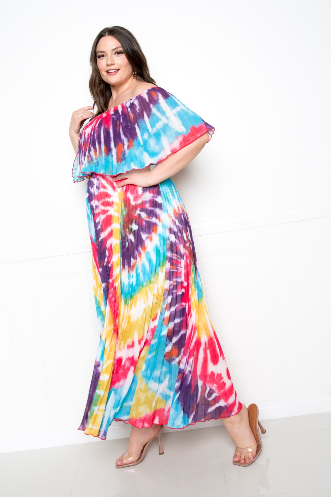 Tie Dye Off Shoulder Pleated Maxi Dress - Absolute Fashion 2020