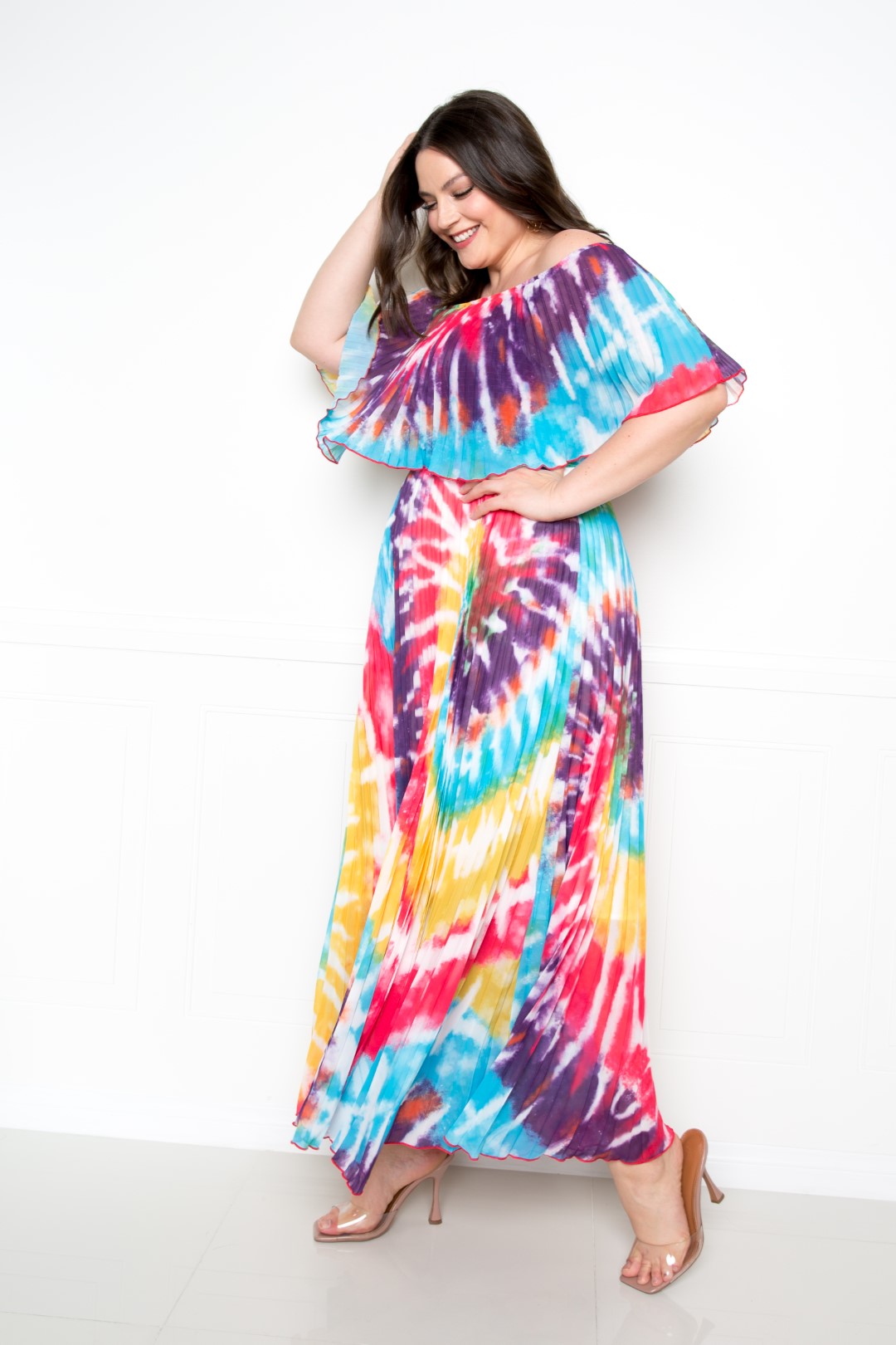 Tie Dye Off Shoulder Pleated Maxi Dress - Absolute Fashion 2020