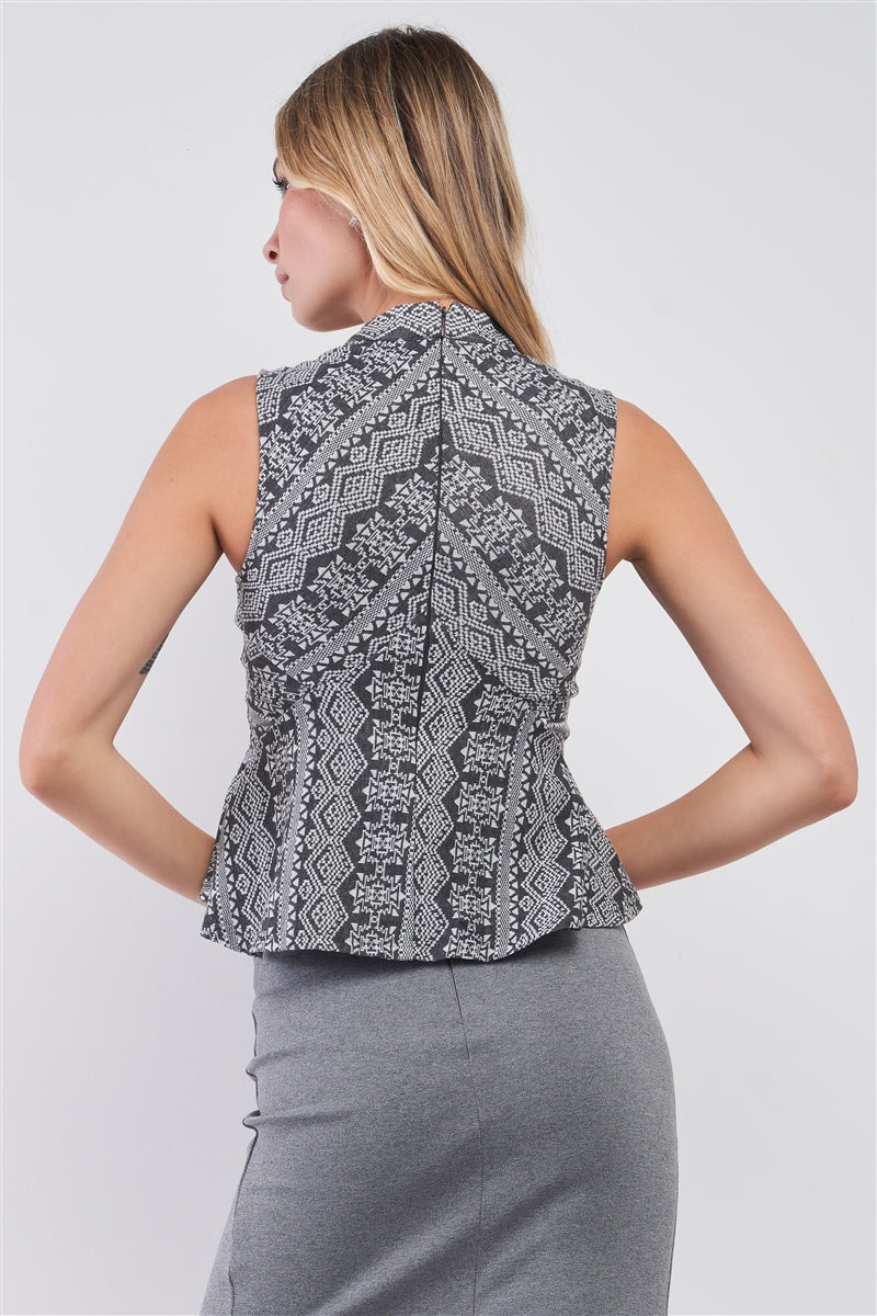 Charcoal Grey Damask-inspired Geometric Pattern Print Sleeveless Mock Neck Fit & Flare Top - Absolute Fashion 2020