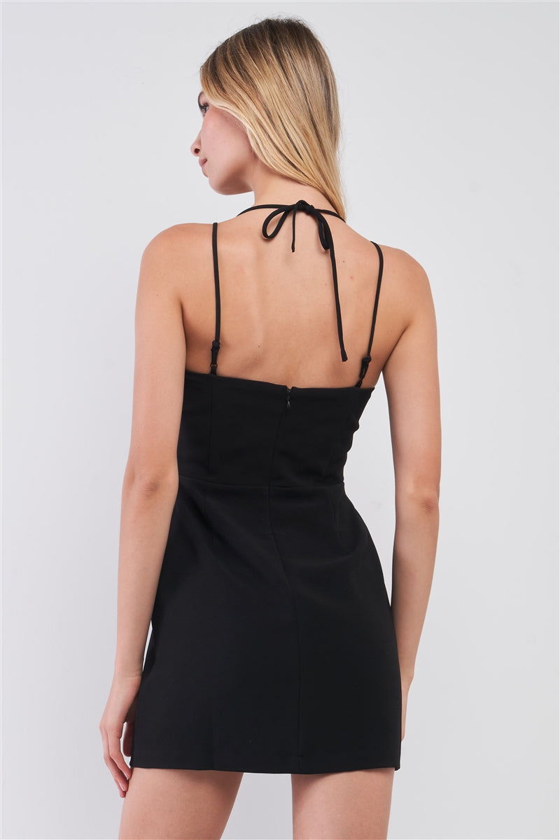 Black Slim Fit Sleeveless V-neck Front Corset Inspired Tie-up Detail Cocktail Mini Dress - Absolute Fashion 2020