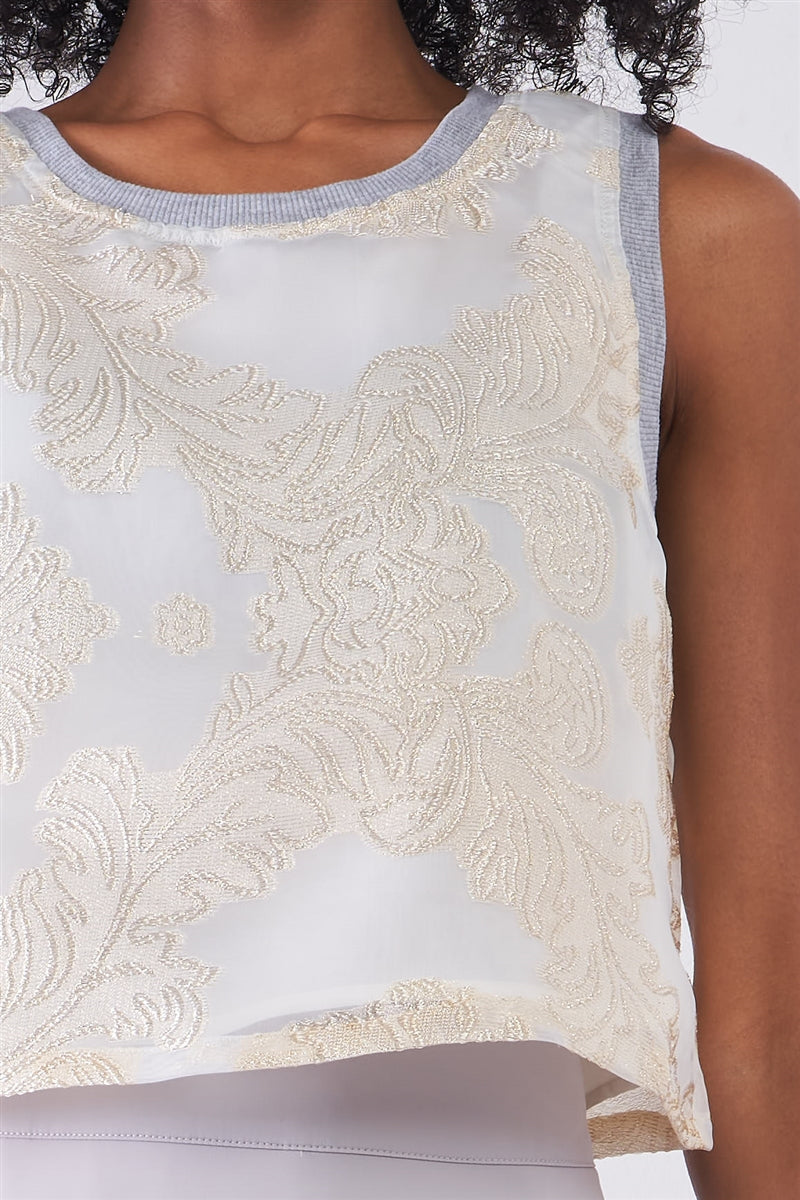 Cream Chiffon Golden Weave Ornament Embroidery Sleeveless Crop Top - Absolute Fashion 2020